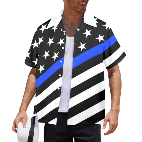 Thin Blue Line Flag Inspired Men's Button-Up Shirt – Show Your Support  (Bright Design)