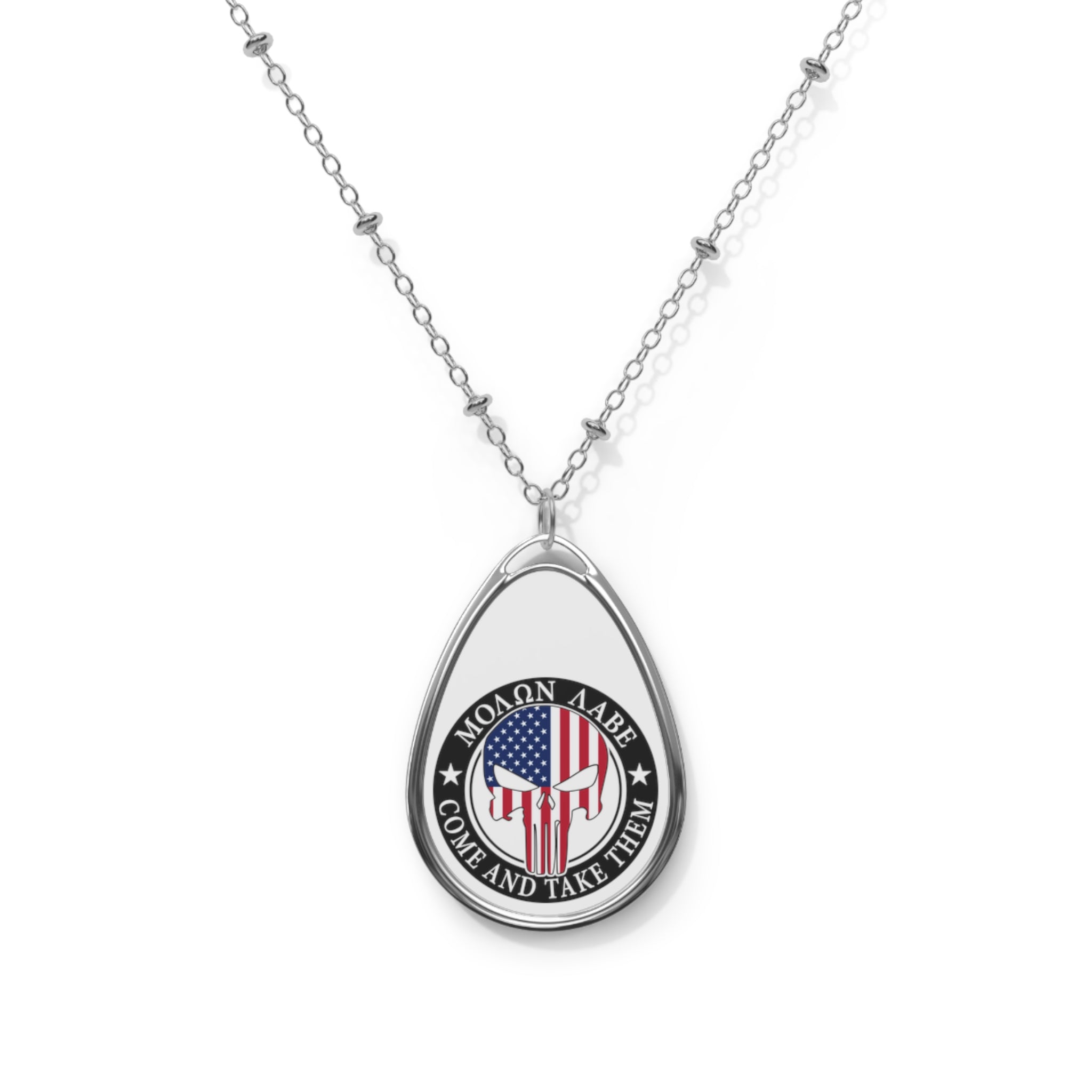 White ΜΟΛΩΝ ΛΑΒΕ | Molon Labe Oval Necklace | Punisher Skull Patriotic Pendant