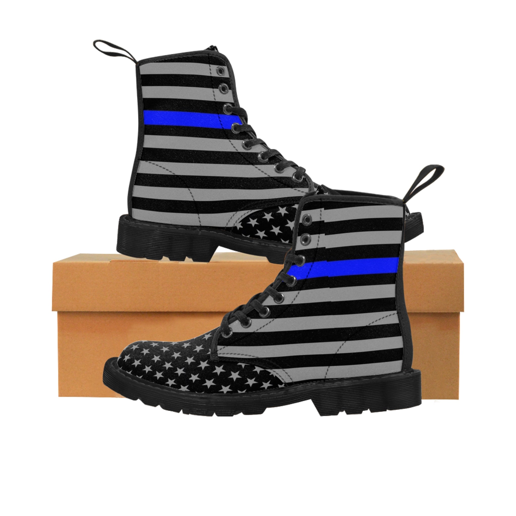 Step Out in Style: Women's Thin Blue Line Flag Printed Nylon Canvas Boots