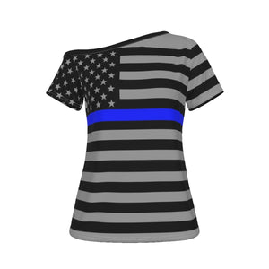 Thin Blue Line Women's Off-Shoulder T-Shirt - Stylish & Supportive