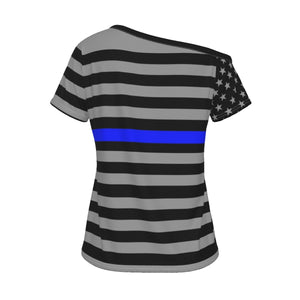 Thin Blue Line Women's Off-Shoulder T-Shirt - Stylish & Supportive