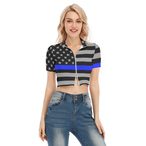 Thin Blue Line Inspired Women's T-shirt with Two-Way Zipper - Sporty Meets Stylish