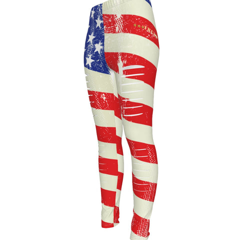 Distressed American Flag Inspired Women's Ripped Leggings – Stylish, Comfortable, and Patriotic
