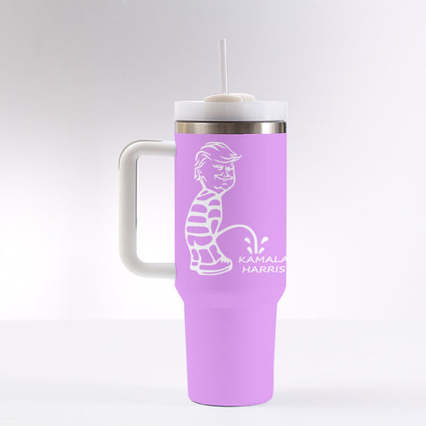 "Trump Vance 2024" Kid Urinating on "Kamala Harris" Humorous 40 oz Pink Tumbler with Handle