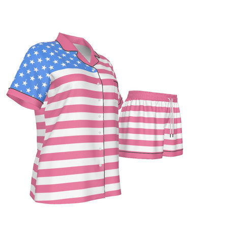 Pink and Light Blue Women's Silky Pajama Set - Patriotic Comfort