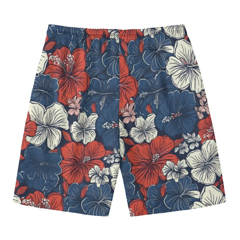 Patriotic Red, White, and Blue Hawaiian Flower Men‘s Beach Shorts - Shop Now!