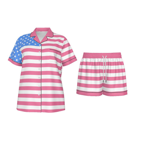 Pink and Light Blue Women's Silky Pajama Set - Patriotic Comfort