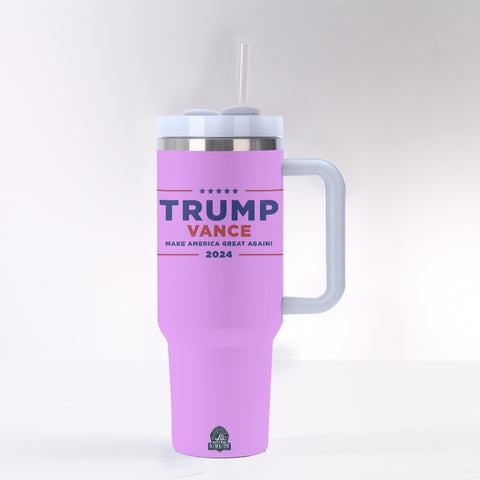 "Trump Vance 2024" Kid Urinating on "Kamala Harris" Humorous 40 oz Pink Tumbler with Handle