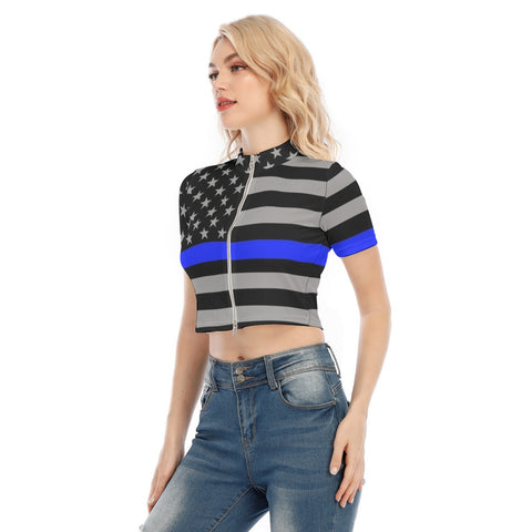 Thin Blue Line Inspired Women's T-shirt with Two-Way Zipper - Sporty Meets Stylish