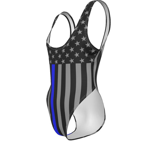 Vertical Thin Blue Line Flag Inspired High Cut Swimsuit | Patriotic Swimwear