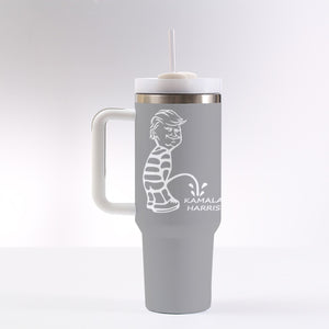 "Trump Vance 2024" Kid Urinating on "Kamala Harris" Humorous 40 oz Gray Tumbler with Handle