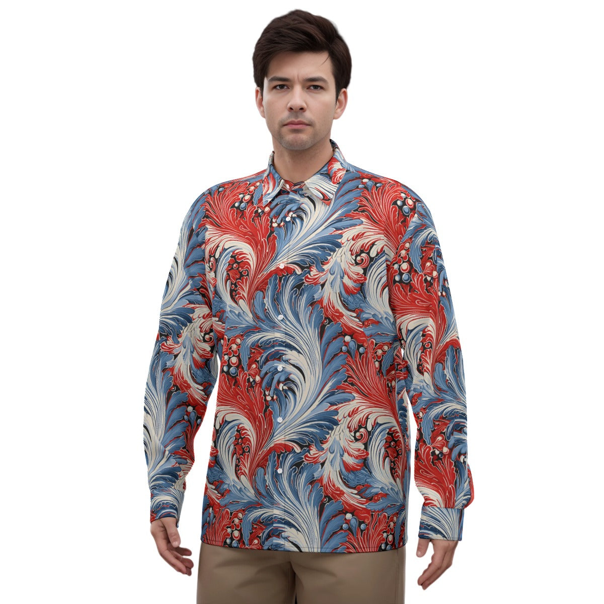 Patriotic Red, White, and Blue Floral Men's Imitation Silk Long-Sleeved Shirt - Back The Blue Store