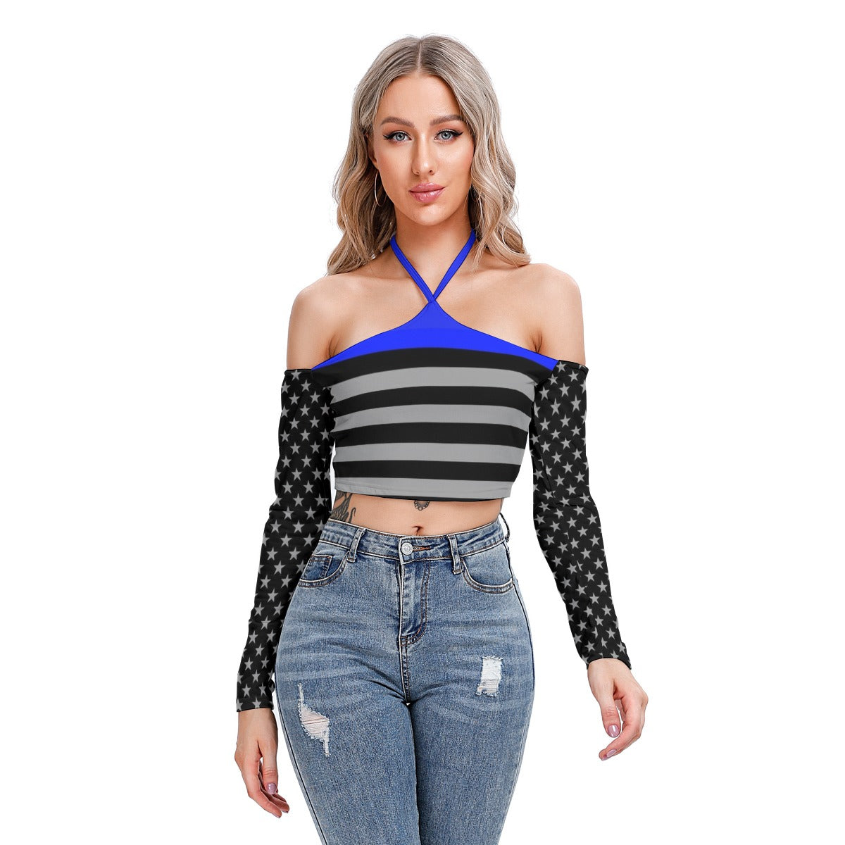 Thin Blue Line Flag Inspired Women's Halter, Off the Shoulder Top - Bold and Stylish