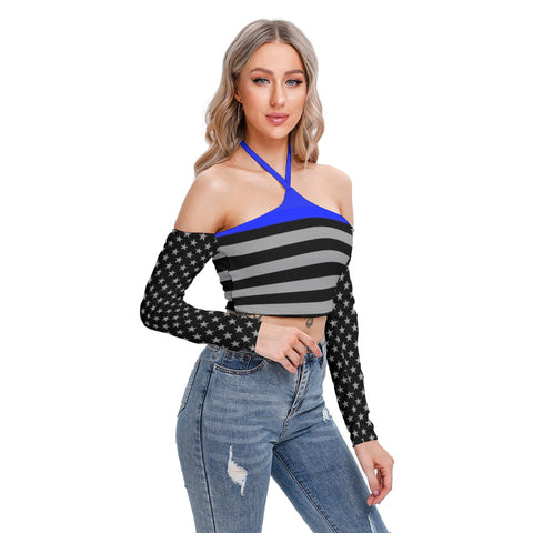 Thin Blue Line Flag Inspired Women's Halter, Off the Shoulder Top - Bold and Stylish