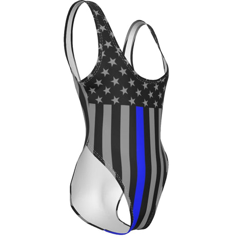 Vertical Thin Blue Line Flag Inspired High Cut Swimsuit | Patriotic Swimwear