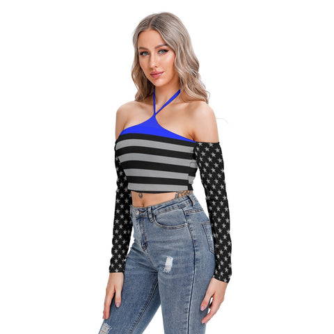 Thin Blue Line Flag Inspired Women's Halter, Off the Shoulder Top - Bold and Stylish