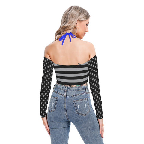 Thin Blue Line Flag Inspired Women's Halter, Off the Shoulder Top - Bold and Stylish