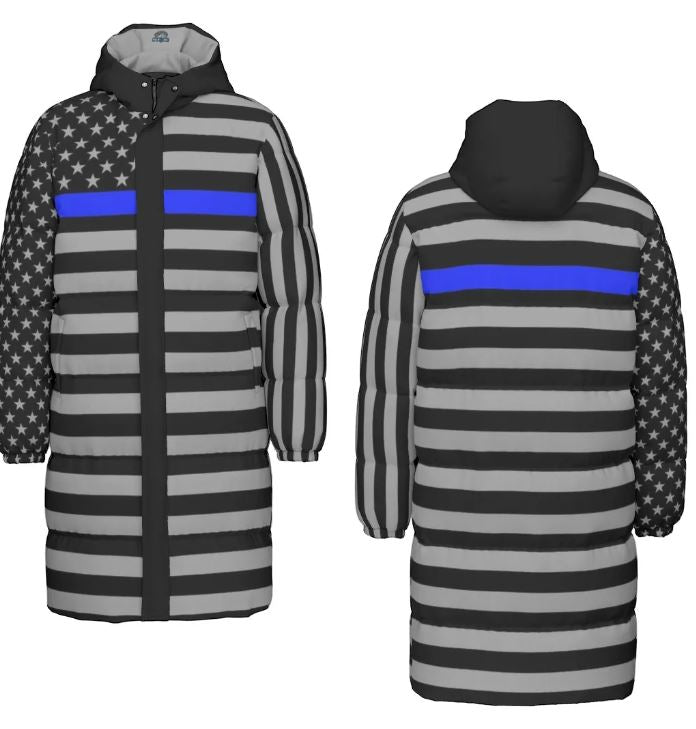 Unisex Thin Blue Line Long Down Jacket - Warmth with a Cause | Back The Blue Store