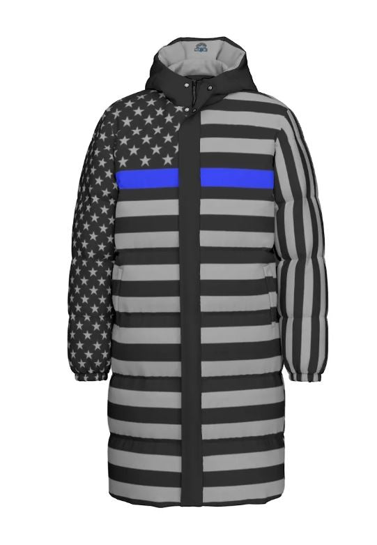 Unisex Thin Blue Line Long Down Jacket - Warmth with a Cause | Back The Blue Store