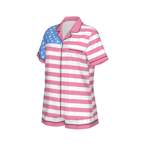 Pink and Light Blue Women's Silky Pajama Set - Patriotic Comfort