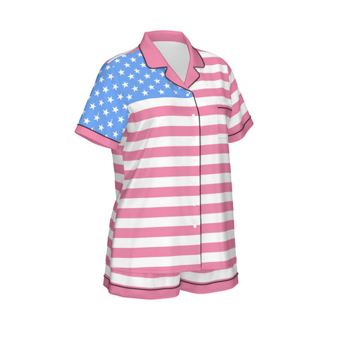 Pink and Light Blue Women's Silky Pajama Set - Patriotic Comfort