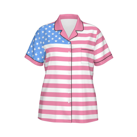 Pink and Light Blue Women's Silky Pajama Set - Patriotic Comfort