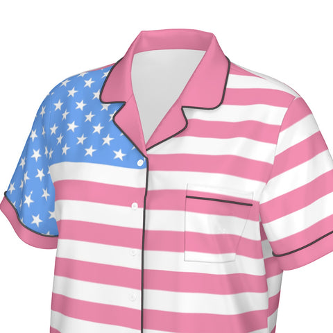 Pink and Light Blue Women's Silky Pajama Set - Patriotic Comfort