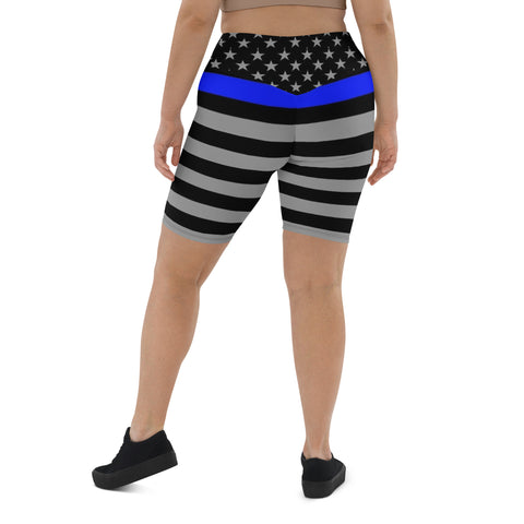 Thin Blue Line Flag Printed on Women's High-Waisted Bike Shorts - Show Your Support in Style