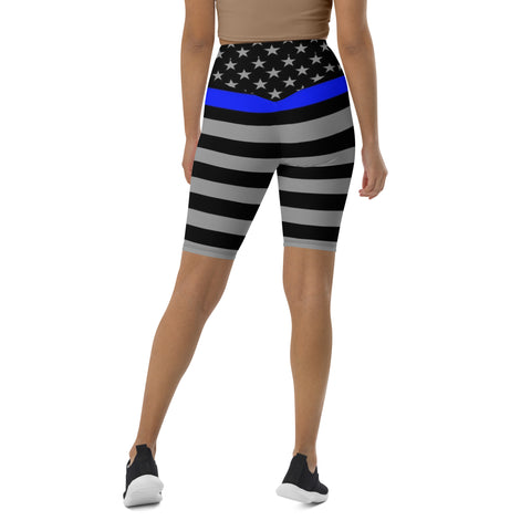 Thin Blue Line Flag Printed on Women's High-Waisted Bike Shorts - Show Your Support in Style