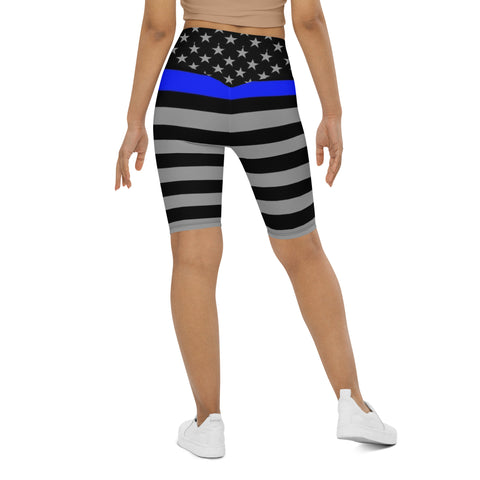 Thin Blue Line Flag Printed on Women's High-Waisted Bike Shorts - Show Your Support in Style