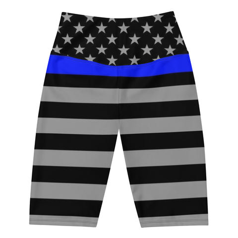 Thin Blue Line Flag Printed on Women's High-Waisted Bike Shorts - Show Your Support in Style