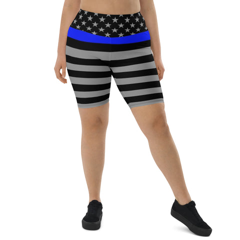 Thin Blue Line Flag Printed on Women's High-Waisted Bike Shorts - Show Your Support in Style