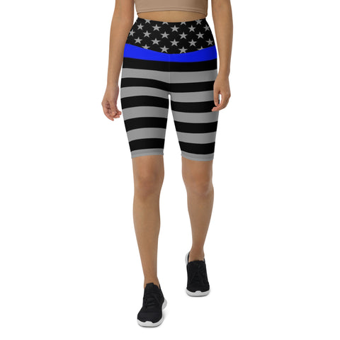 Thin Blue Line Flag Printed on Women's High-Waisted Bike Shorts - Show Your Support in Style