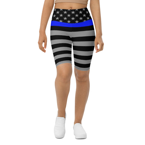 Thin Blue Line Flag Printed on Women's High-Waisted Bike Shorts - Show Your Support in Style