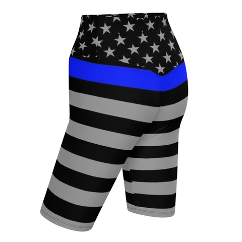 Thin Blue Line Flag Printed on Women's High-Waisted Bike Shorts - Show Your Support in Style