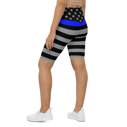 Thin Blue Line Flag Printed on Women's High-Waisted Bike Shorts - Show Your Support in Style