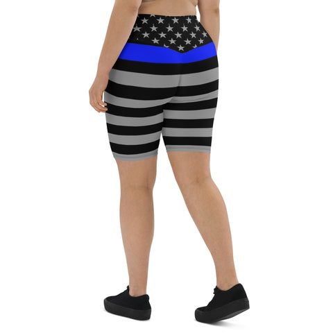 Thin Blue Line Flag Printed on Women's High-Waisted Bike Shorts - Show Your Support in Style