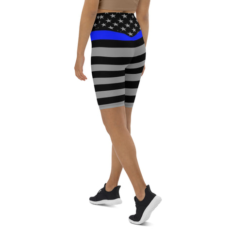 Thin Blue Line Flag Printed on Women's High-Waisted Bike Shorts - Show Your Support in Style