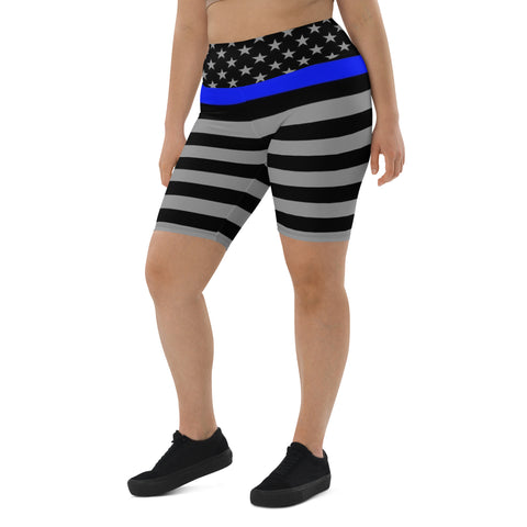 Thin Blue Line Flag Printed on Women's High-Waisted Bike Shorts - Show Your Support in Style