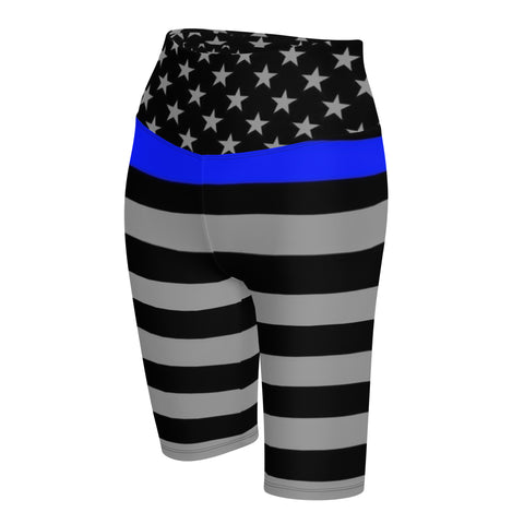 Thin Blue Line Flag Printed on Women's High-Waisted Bike Shorts - Show Your Support in Style