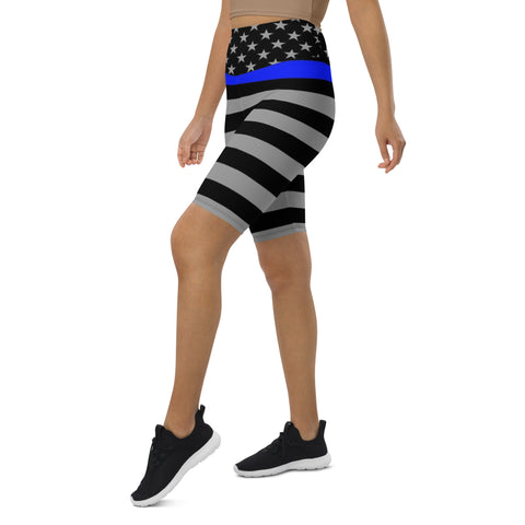 Thin Blue Line Flag Printed on Women's High-Waisted Bike Shorts - Show Your Support in Style