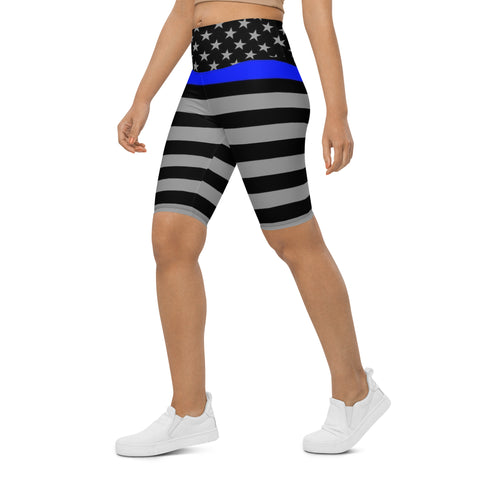 Thin Blue Line Flag Printed on Women's High-Waisted Bike Shorts - Show Your Support in Style