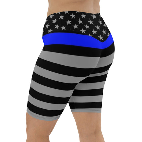 Thin Blue Line Flag Printed on Women's High-Waisted Bike Shorts - Show Your Support in Style