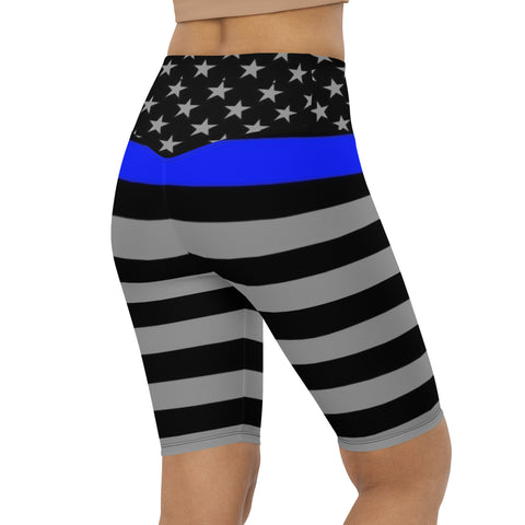 Thin Blue Line Flag Printed on Women's High-Waisted Bike Shorts - Show Your Support in Style