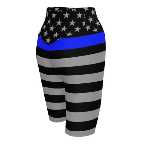 Thin Blue Line Flag Printed on Women's High-Waisted Bike Shorts - Show Your Support in Style