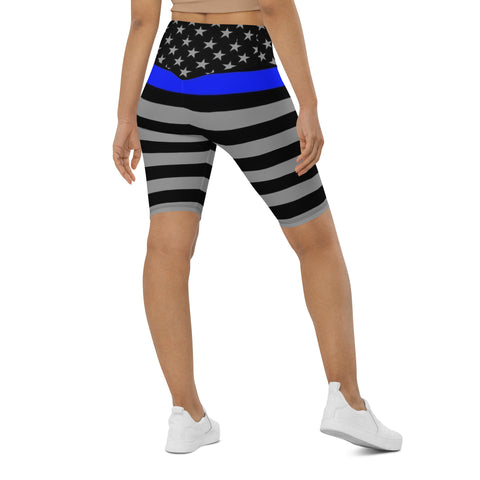 Thin Blue Line Flag Printed on Women's High-Waisted Bike Shorts - Show Your Support in Style