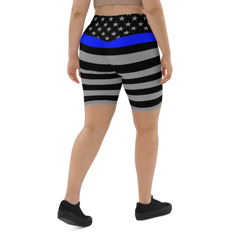 Thin Blue Line Flag Printed on Women's High-Waisted Bike Shorts - Show Your Support in Style