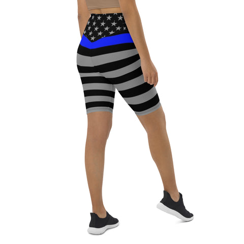 Thin Blue Line Flag Printed on Women's High-Waisted Bike Shorts - Show Your Support in Style