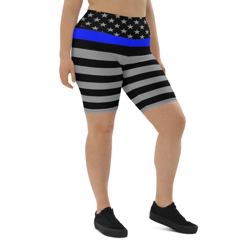 Thin Blue Line Flag Printed on Women's High-Waisted Bike Shorts - Show Your Support in Style