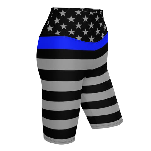 Thin Blue Line Flag Printed on Women's High-Waisted Bike Shorts - Show Your Support in Style